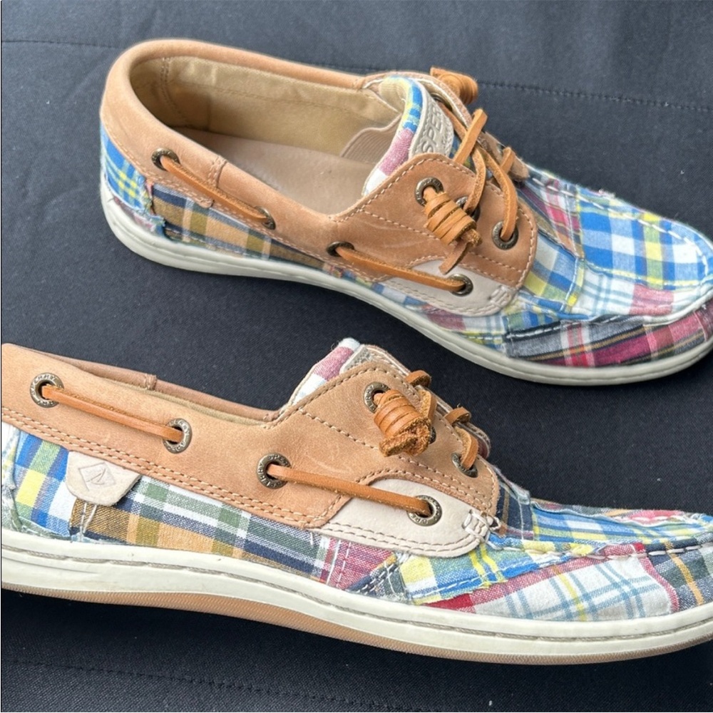Sperry Multicolor Plaid Canvas Boat Shoes with Tan Leather Accents Women Size 7 - Picture 5 of 9